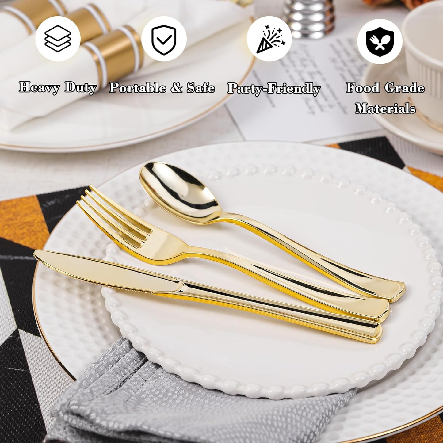 N9R 120 Pack Pre Rolled Gold Plastic Silverware Set, Wrapped Plastic Silverware Set with 120 Forks, 120 Knives, 120 Spoons and 120 Napkins, Disposable Cutlery Set for Party and Wedding