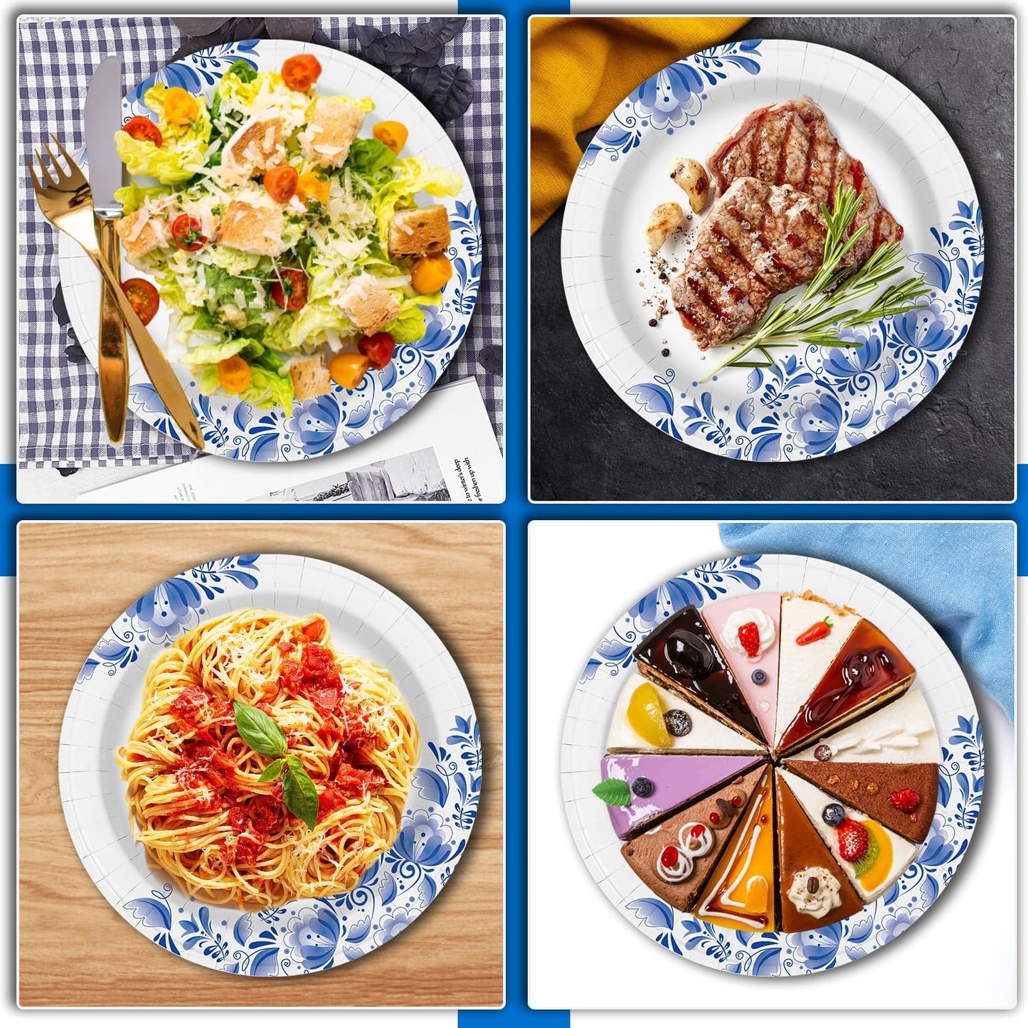 Charmount 10 Inch Large Blue Paper Plates, 300pcs Disposable Plates for Parties and Daily Use, Soak Proof, Cut Proof, Flower Printed