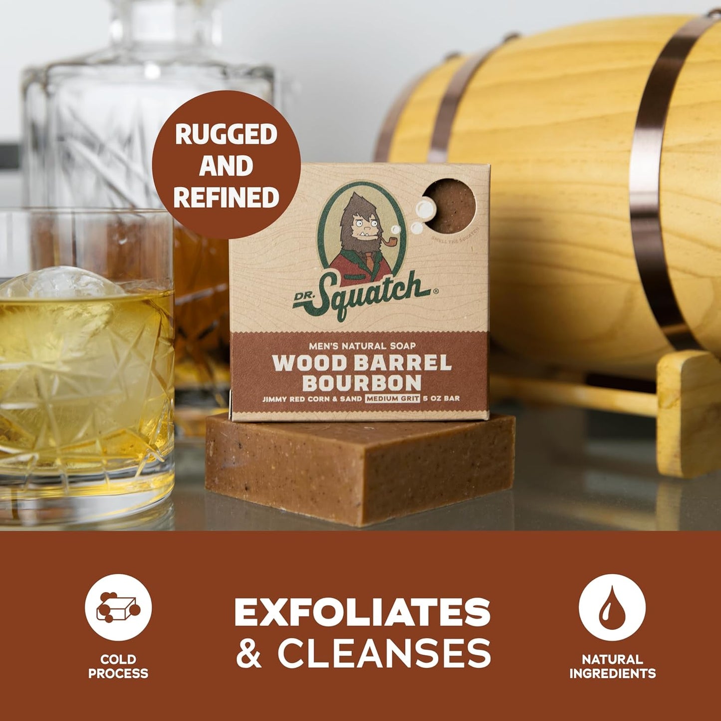 Dr. Squatch Natural Bar Soap for Men - Cold Process Soap with No Harsh Chemicals - Wood Barrel Bourbon (5 oz, 3-Pack)
