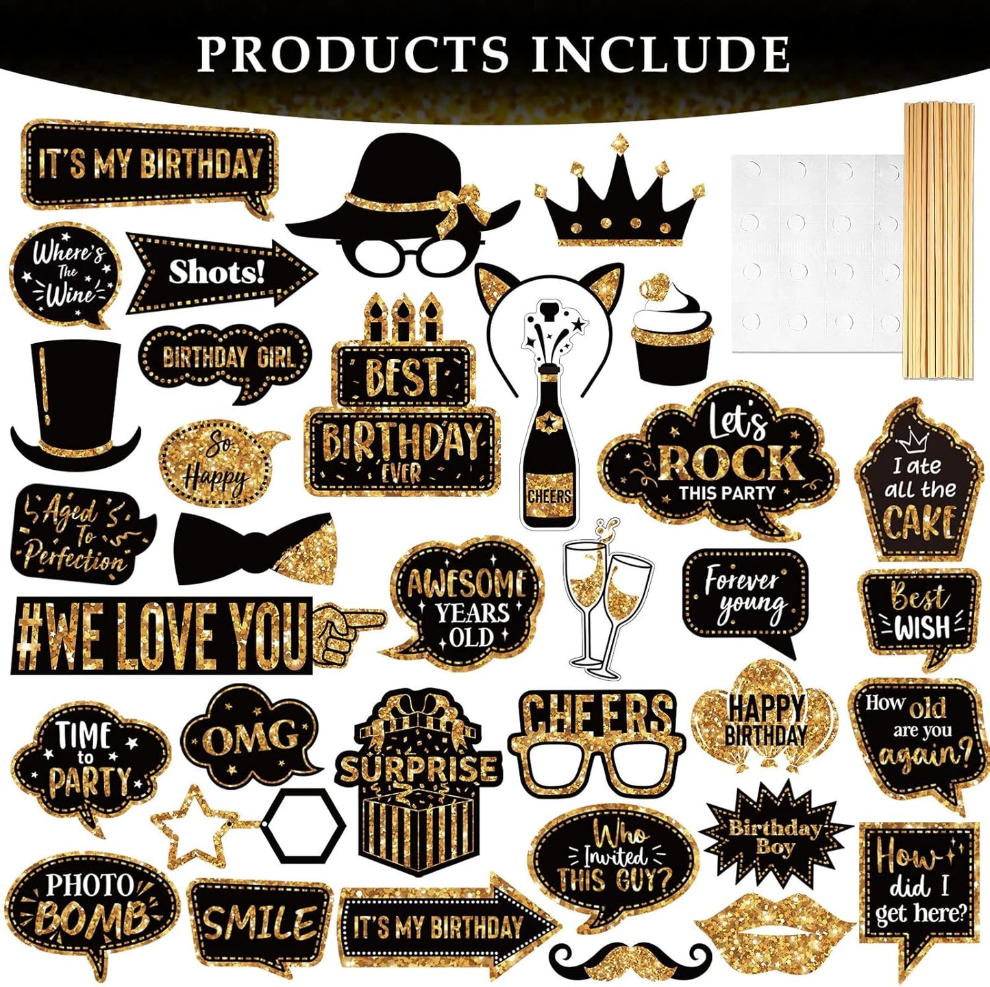 Outus 36 Pcs Birthday Photo Booth Props Kit Happy Birthday Graduation Wedding Party Favors Supplies Bday Party Decor 40th- 50th-60th Photobooth Funny Cute Holiday Selfie Supplies(Gold and Black)