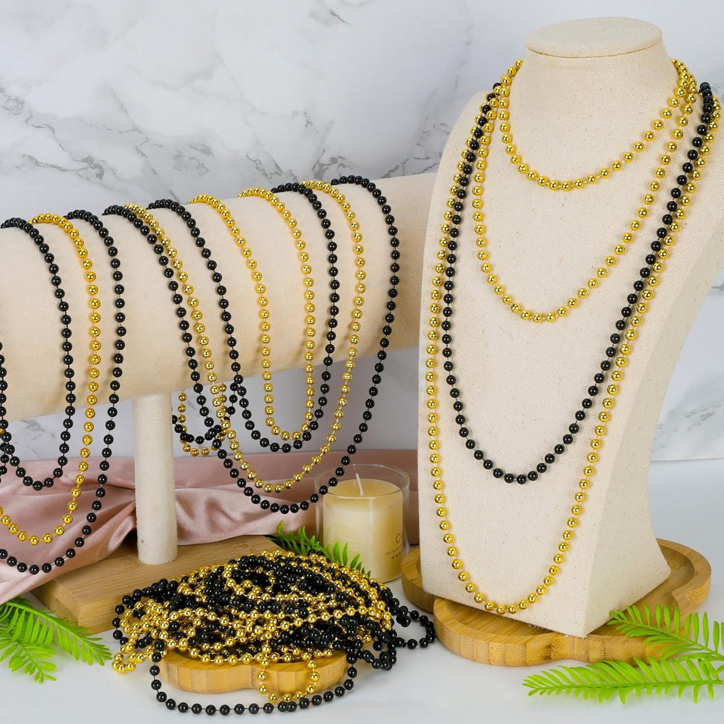 12 PCS Mardi Gras Beads Bulk, New Year Beaded Necklaces, 33" BlackGold Beads Graduation Beaded Stuff Set, Carnival Round Costume Necklace for New Years Eve Parade Throws Party Favors Decorations