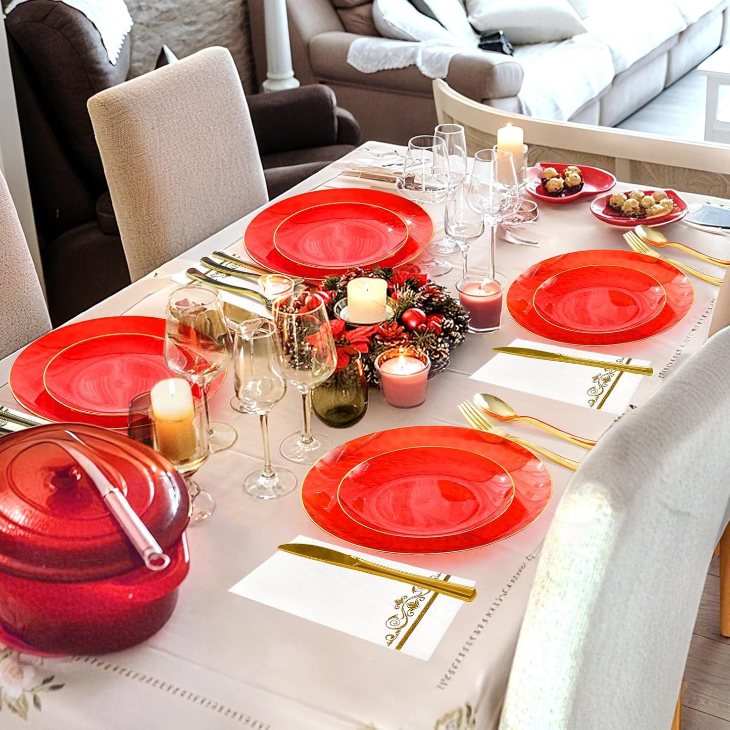 150 Pcs Red Plastic Plates - Red Gold Plastic Dinnerware Set for 25 Guests - 50 Disposable Plates, 75 Gold Silverware, 25 Napkins for Party Birthday Thanksgiving Christmas