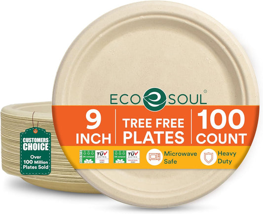 ECO SOUL Compostable 9 Inch(100-Pack) Biodegradable Disposable Paper Plates | Eco-Friendly Dinner, Party, Wedding, Event