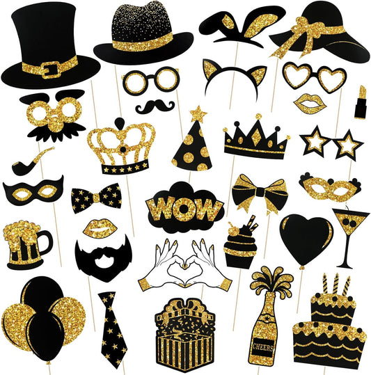 36PCS Black and Gold Photo Booth Prop, Party Photo Booth Props for Photoshoot Birthday Party Photobooth New Year Graduation Anniversary Party Supplies
