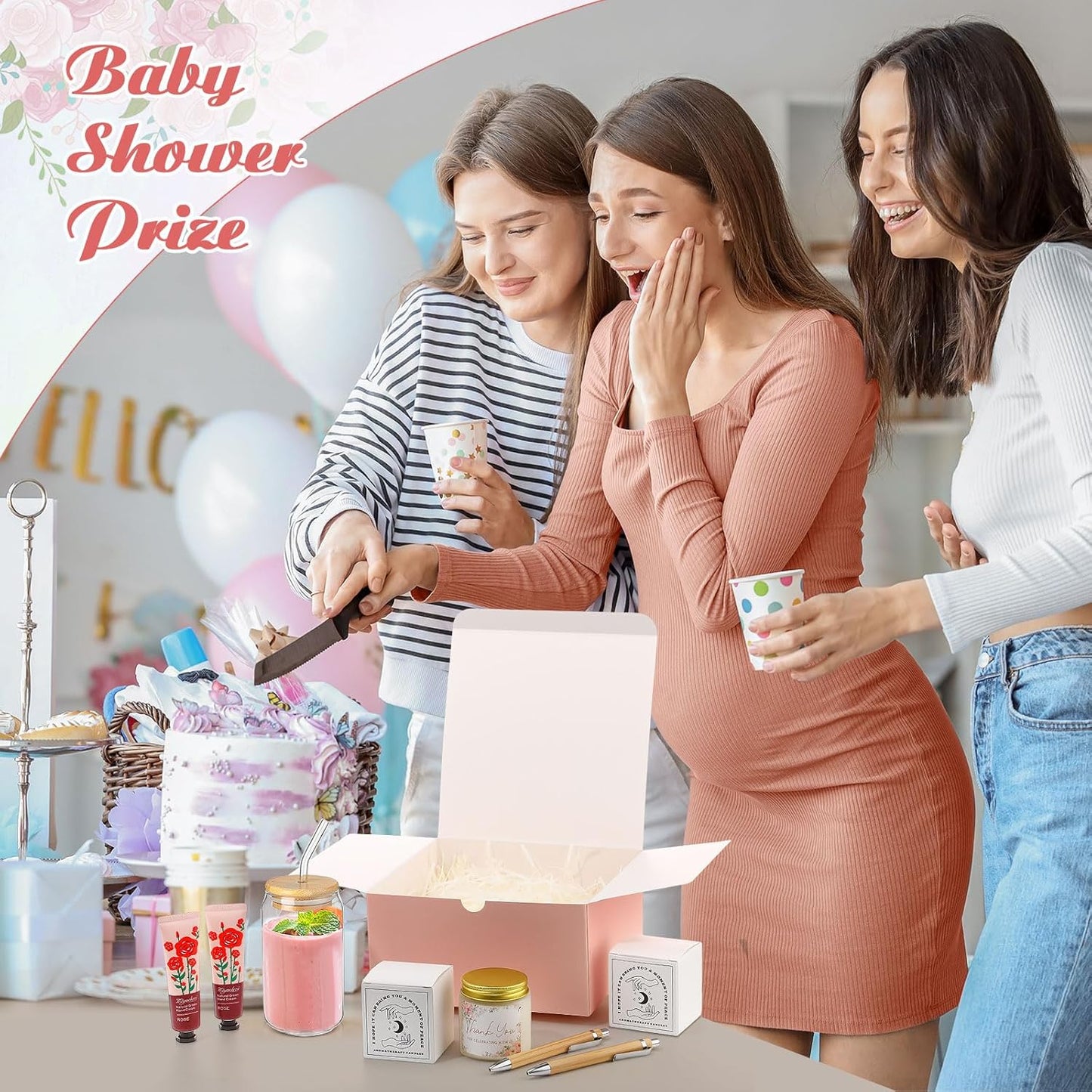 6 Sets Baby Shower Game Prizes for Winners, Glass Cup Scented Candles Hand Cream Pens Gift Box with Raffia for Baby Shower Wedding Bridal Favors for Guests(Pink)