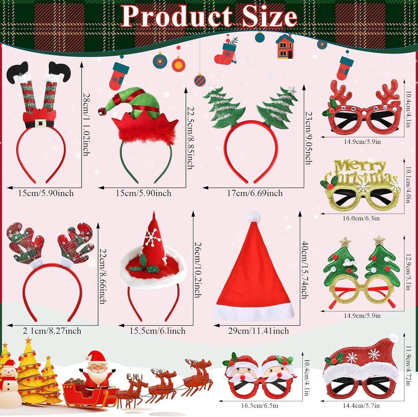 15 Pcs Christmas Headwear Headbands and Glasses Set – Santa Hats, Reindeer Antlers, and Festive Party Accessories for Xmas Dress-Up, Photo Booth Props, and Holiday Celebrations