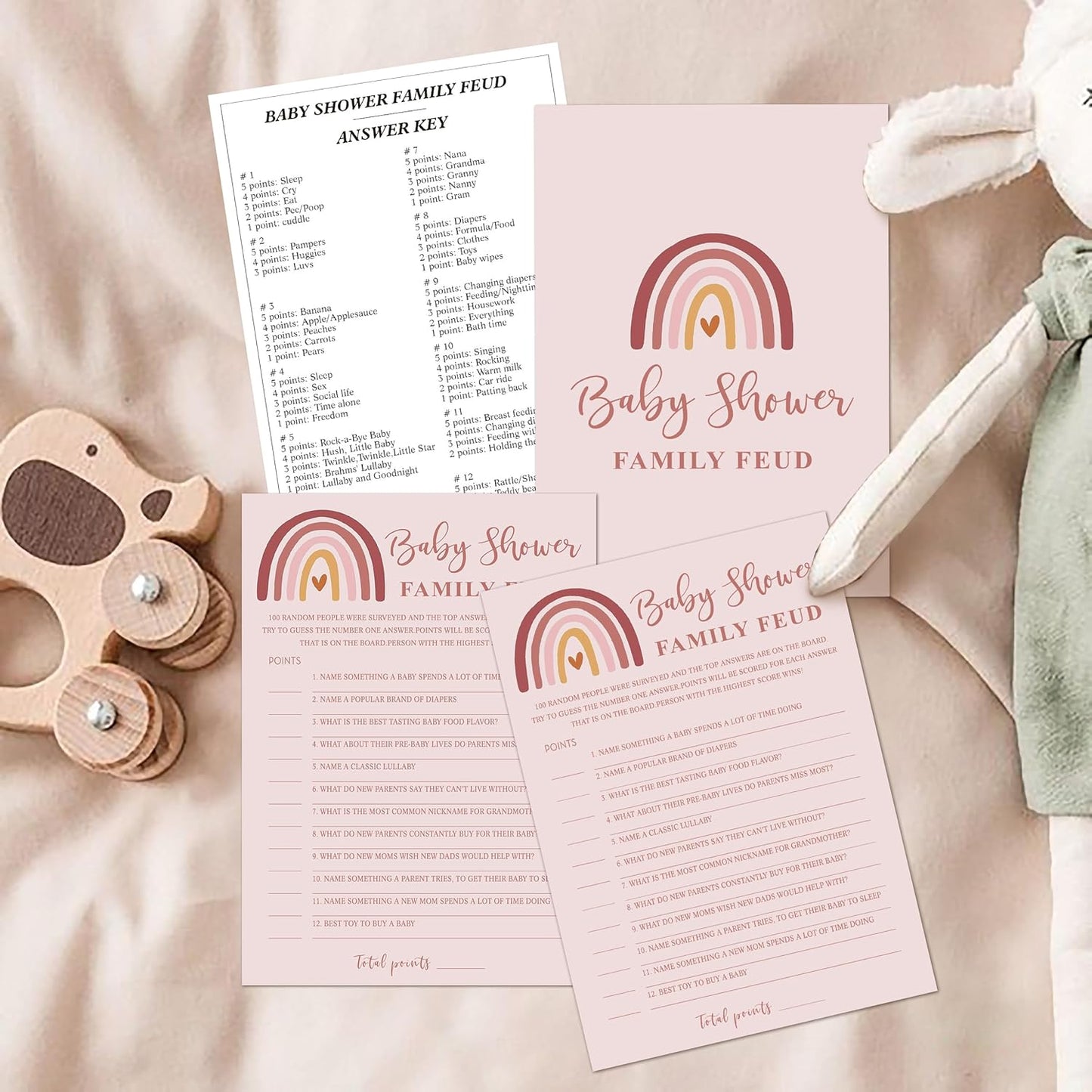 Family Feud Baby Shower Game - Pack of 30 Cards, Answer Key, Rainbow Baby Feud Game Supplies-05A-Indipink