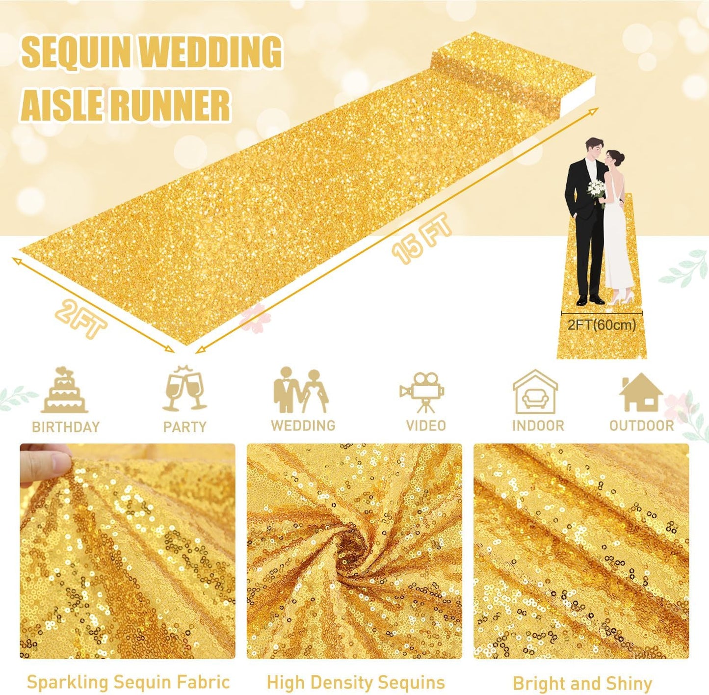 FUHSY Gold Carpet Runner Sequin Aisle Runner Runway Rug for Party 2FT x 15FT Long Sparkly Wedding Runners for Prom Birthday Hallway Aisle Decorations