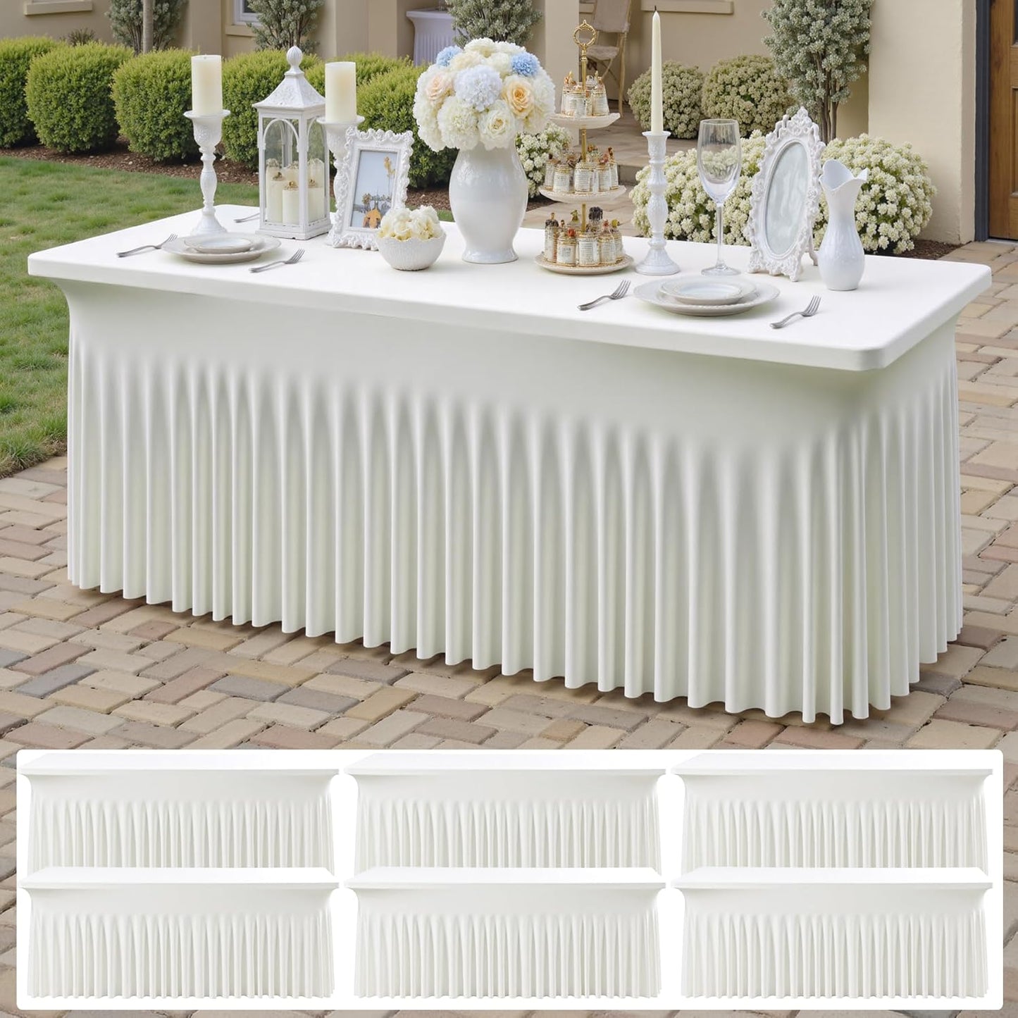 6 pk Ivory Spandex Tablecloth 6ft with Ruffle Skirts,Wrinkle Free High Stretch Cream Fitted Tablecloths for 6 Foot Rectangle Tables,Elastic Spandex Table Covers 6 ft for Parties Weddings Banquet