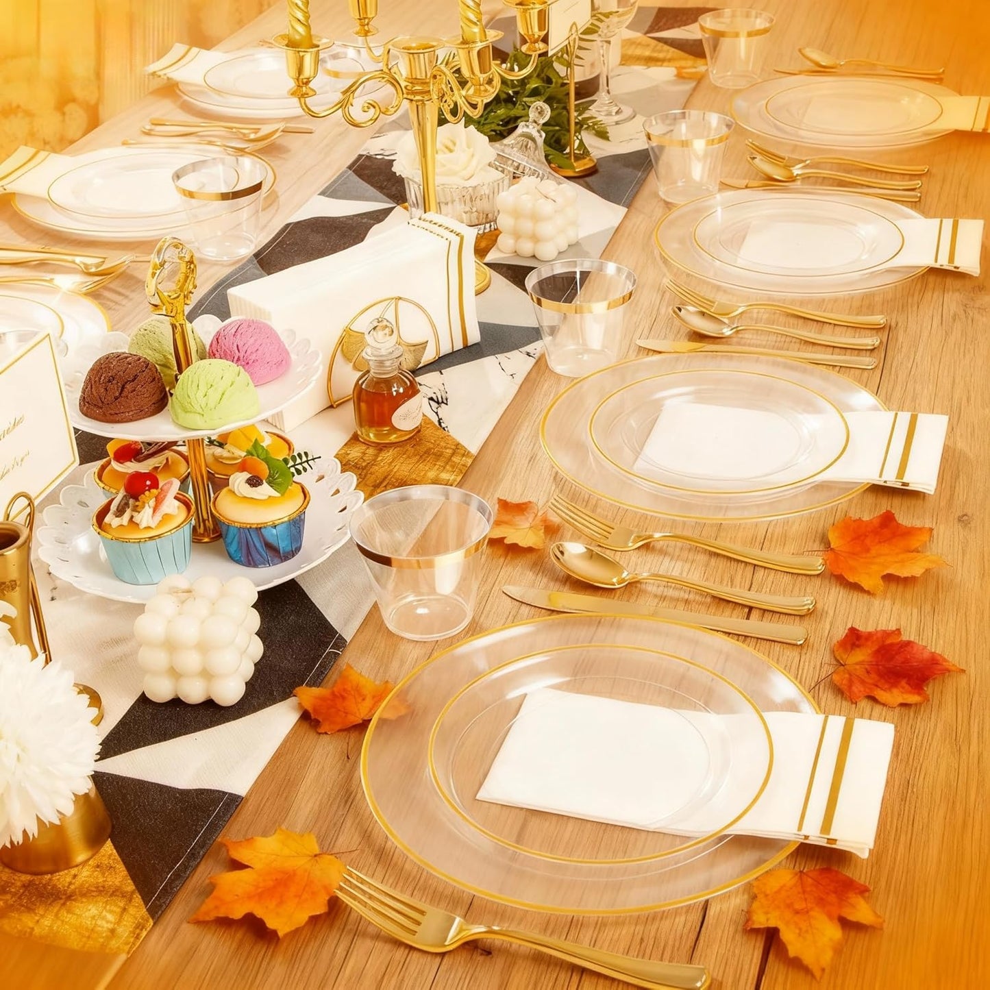 SUT 350Pcs Plastic Dinnerware Set for 50 Guests, Clear and Gold Plastic Plates, Disposable Plates and Napkins Party Supplies, Gold Silverware, Plates, Cups and Napkins Sets for Party Weddings