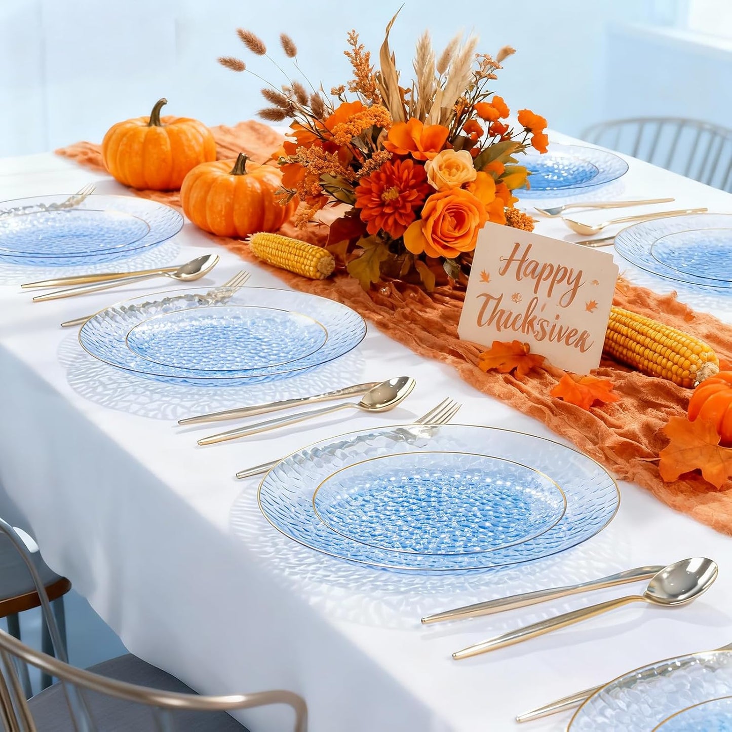 SUT 100Pcs Blue Plastic Plates, Hammered Plates Disposable Heavy Duty, Blue Disposable Plates With Gold Rim, Fancy Plastic plates Include 50 Dinner and 50 Dessert plates for Wedding