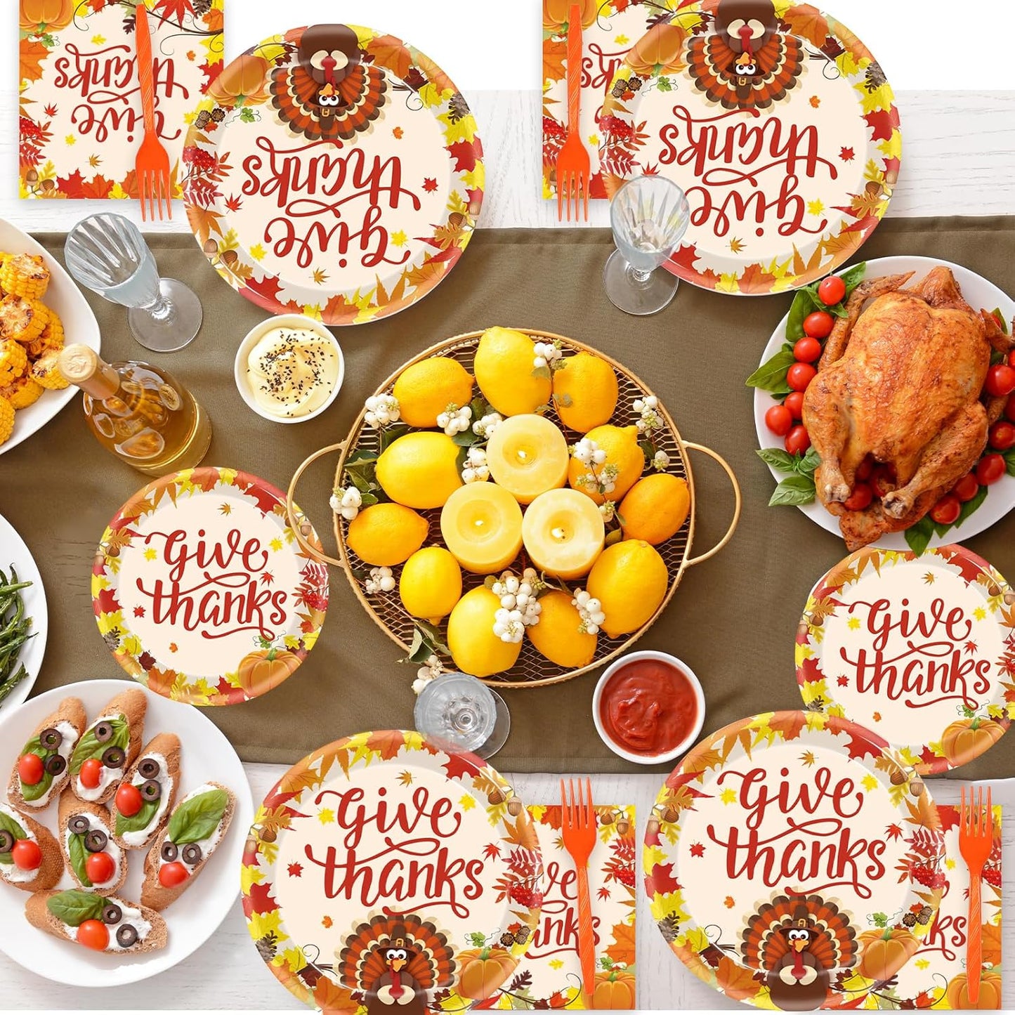 96 Pcs Fall Thanksgiving Party Supplies Give Thanks Party Plates Fall Pumpkin Turkey Autumn Party Plates Napkins Set Disposable Dinnerware Tableware for Thanksgiving Dinner Party, Serves 24