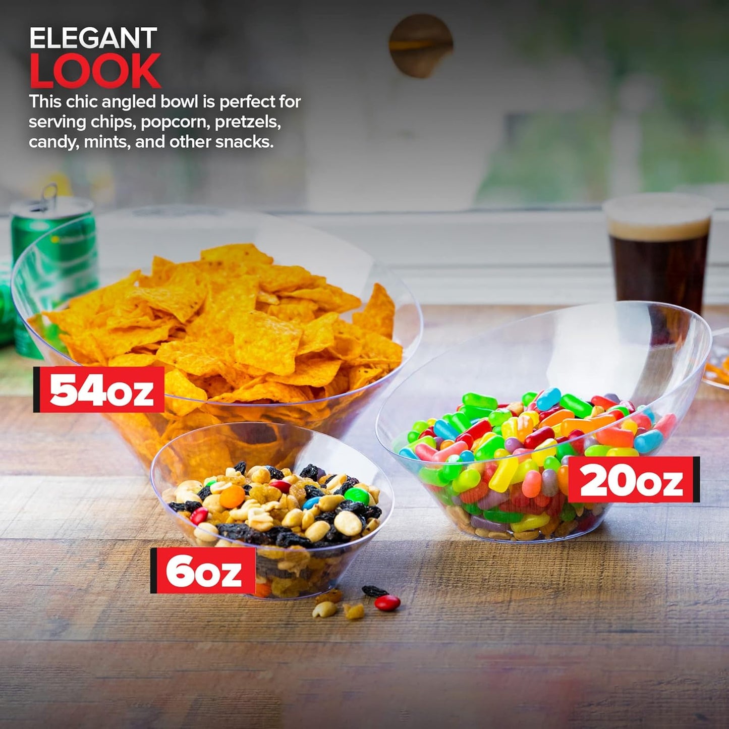 54oz Clear Plastic Serving Bowls (4 Pack) Large Disposable Candy Dishes, Buffet Containers for Chips, Popcorn, Snacks, Punch, Salad Bar, Snack Bowl, Parties, Office Desk, Bridal Shower, Party Supplies