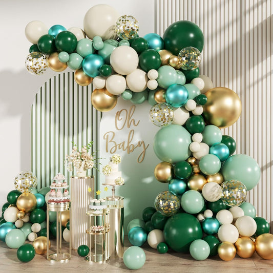 Green Gold White Balloon Arch Kit, 147PCS Dark Green Ivory Gold Metallic Pastel Green Balloons Garland for Birthday Wedding Baby Bridal Shower Party Decorations