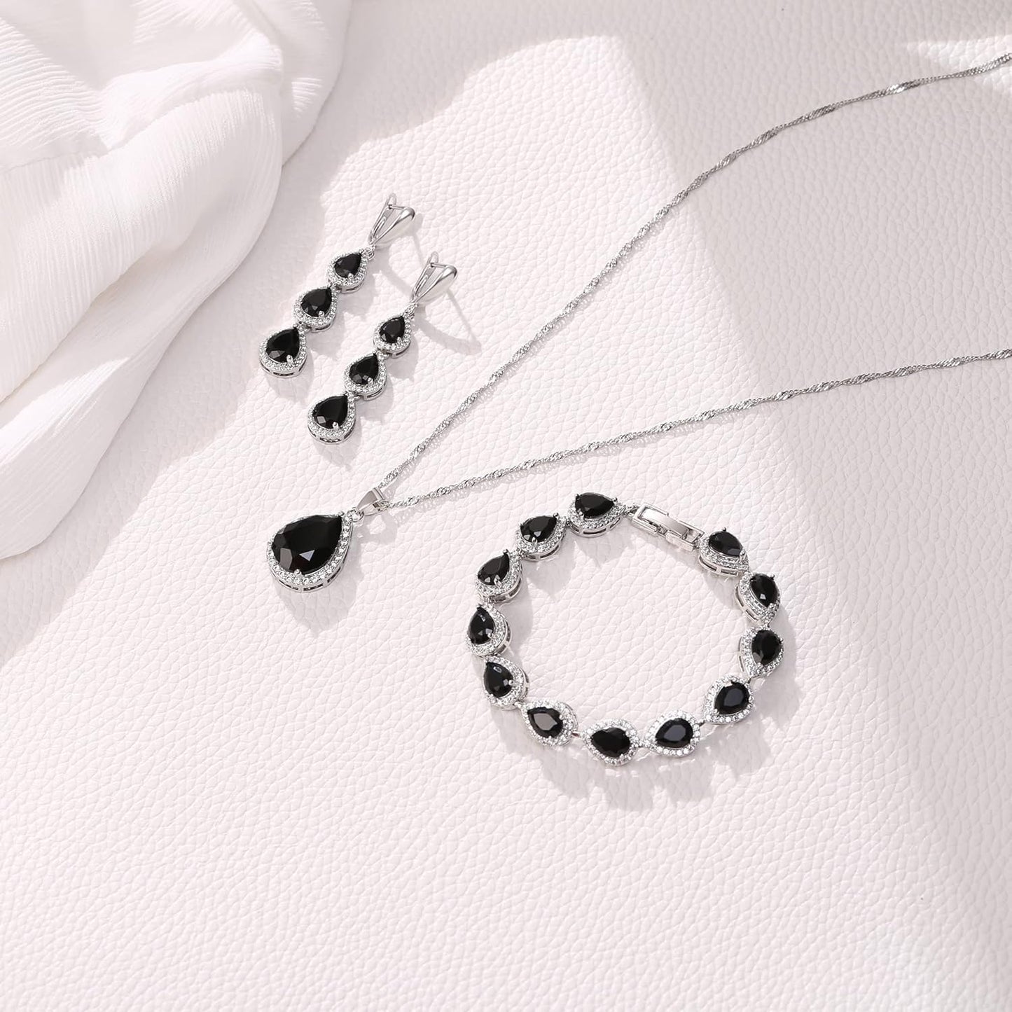 EleQueen Water Drop Pendant Necklace Long Dangle Earrings Tennis Bracelet Set, Sparkle Cubic Zirconia Teardrop Wedding Jewelry Sets for Bride Bridesmaid