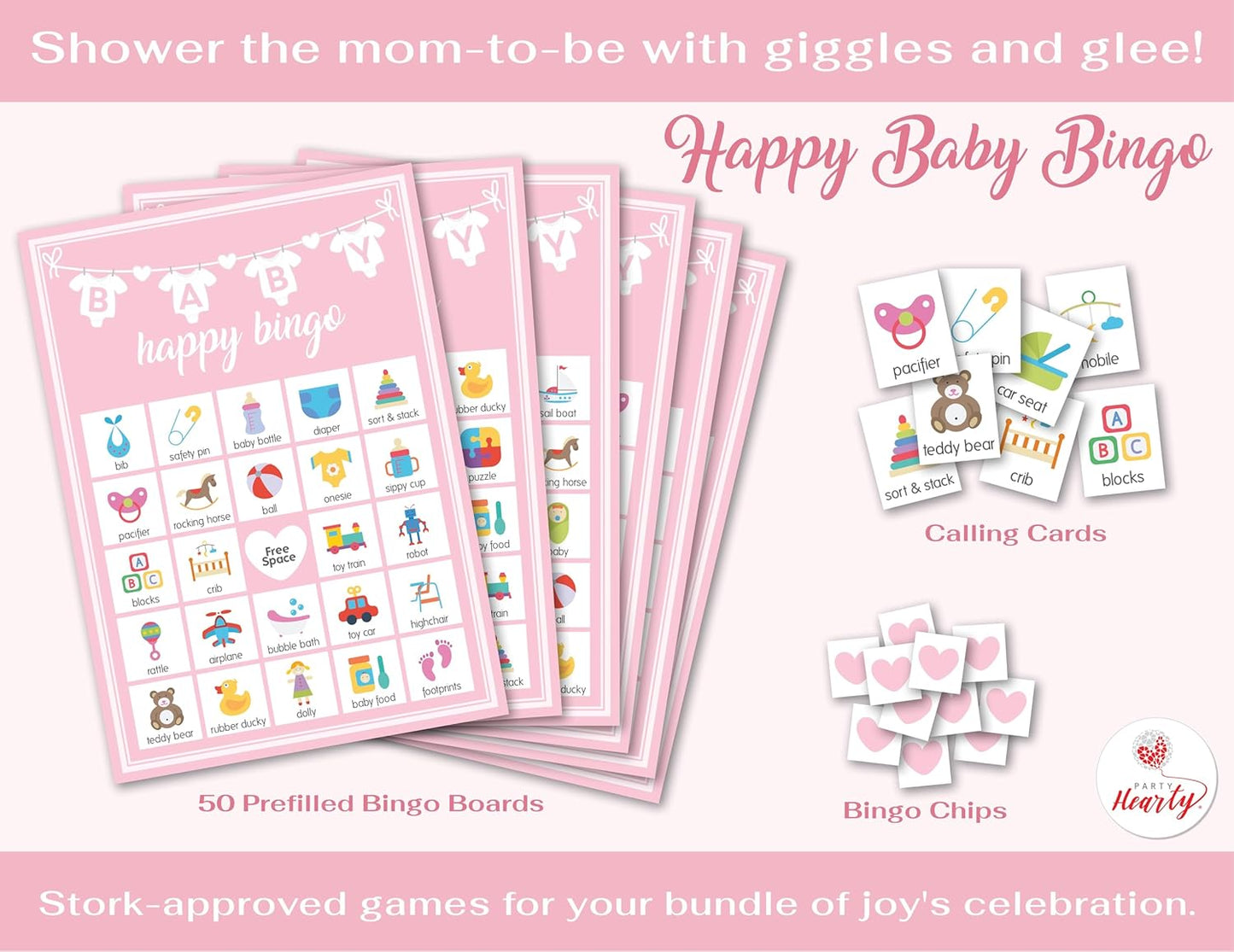 Party Hearty Baby Shower Games for Girl, 250 pcs Pink 5 Games Activities Cards, Funny Baby Shower Games, Baby Shower Ideas