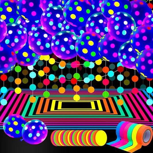 32 Pcs Glow in The Dark Party Supplies Christmas Neon Party Favors with 25 Fluorescent Balloon 6 Rolls 98.4 ft UV Blacklight Luminous Tape 14.4 ft Neon Streamer Garland for Adults(Clear Big Dot)
