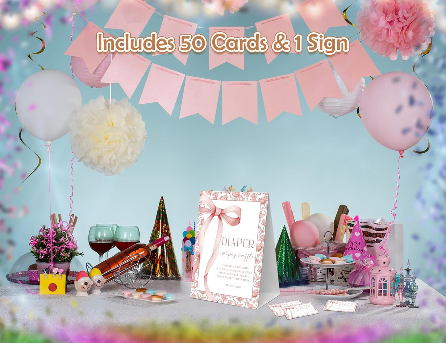 Pink Bow Baby Shower Games, 1 Diaper Raffle Sign And 50 Baby Shower Raffle Tickets, Baby Shower Table Decorations for Baby Shower and Gender Reveal Party, Reveal Party Supplies, Baby Shower Gifts-3