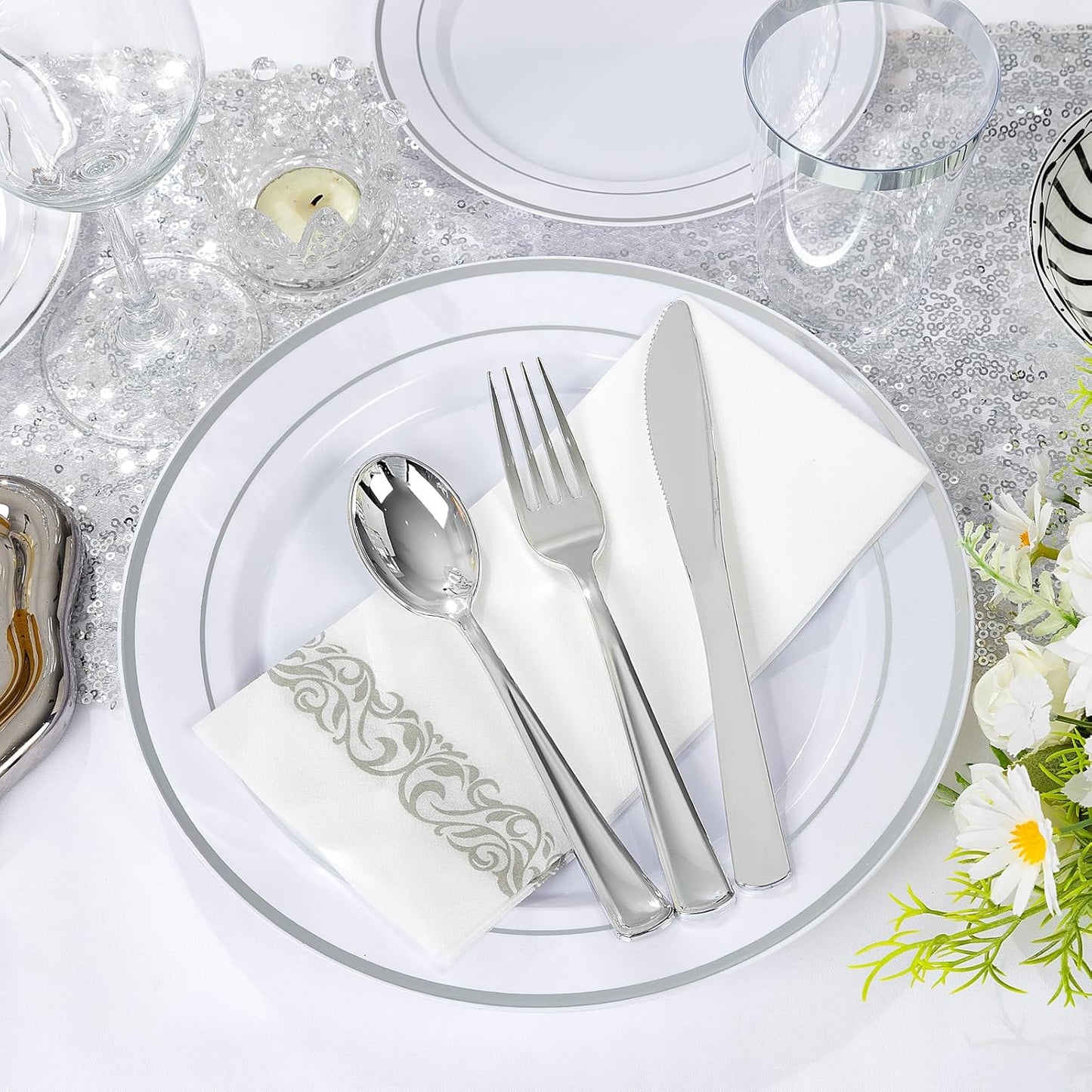 Supernal 400pcs Silver Plastic Dinnerware Set Heavy Duty Disposable Plates Include Silver Plastic Dessert Plates,50 Spoons & Knives & Cups & Napkins & 100 Forks,Prfect For Party and Wedding