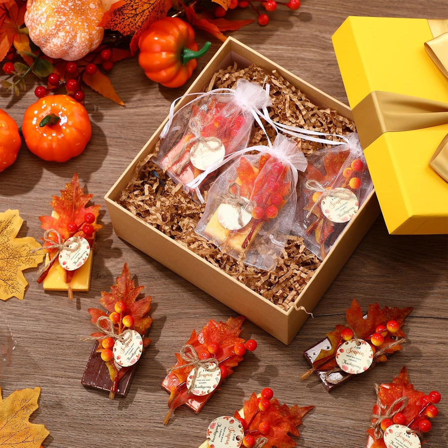 24 Set Fall Thanksgiving Soap Bar Party Favors Handmade Mini Soap Bar Bulk Guests Return Gifts Baby Shower Favors for Wedding Baby Shower with Thank You Fall Leaves Bag