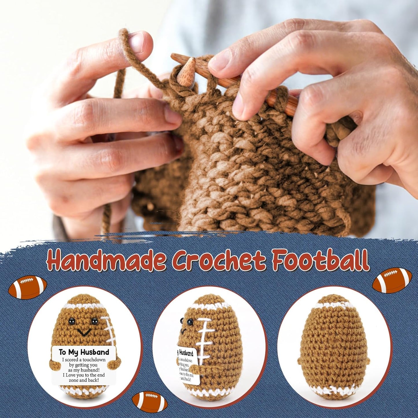 Birthday Gifts for Husband from Wife, Christmas Handmade Inspirational Crochet Football Gift for Him, Cool Wedding Anniversary Present for Husband, Cute Emotional Home Decor for Couple, Hubby, Spouse