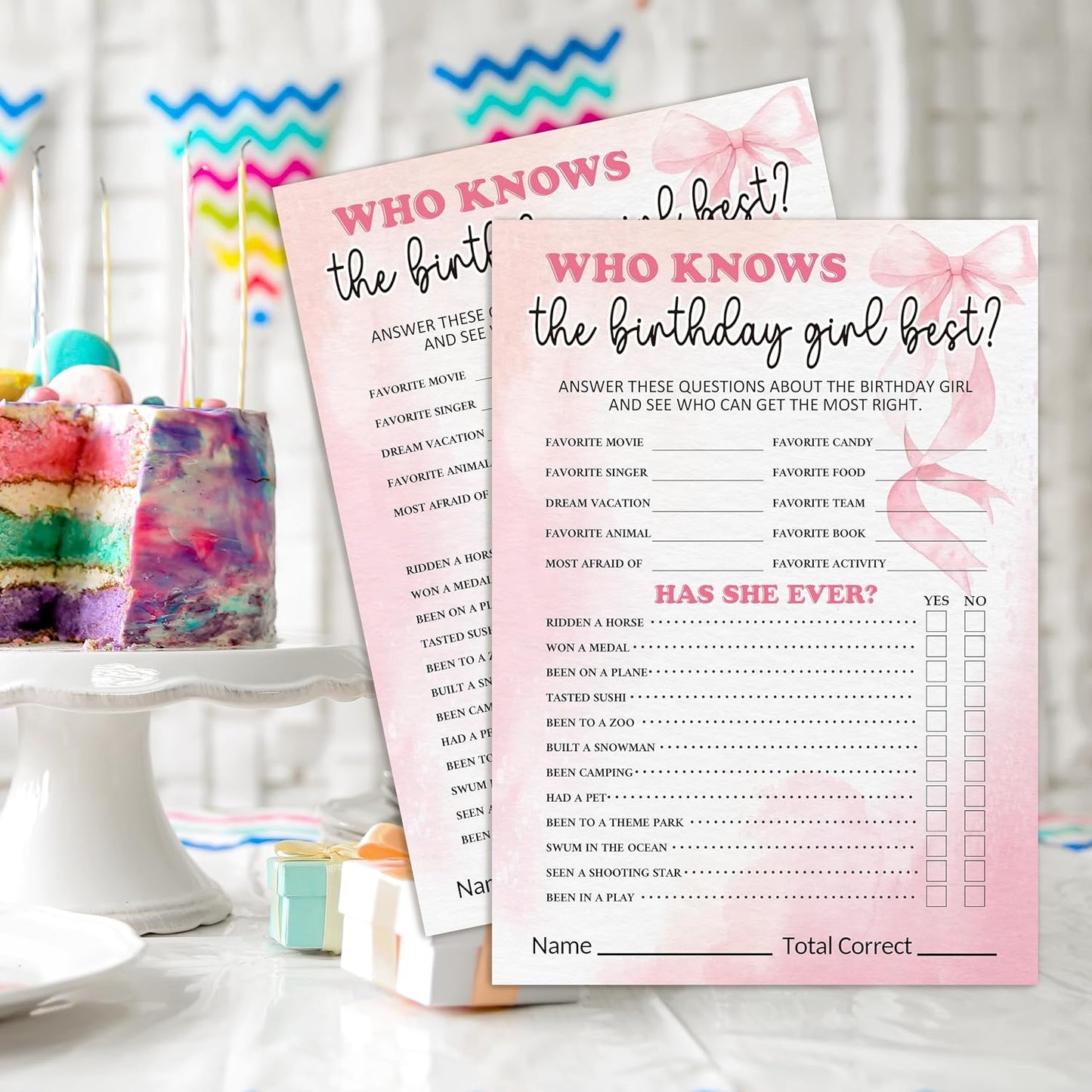 Birthday Party Games Card, Who Knows The Birthday Girl Best, Girls Sleepover Party Supplies for The Girls Card Game, 5x7 Inch Set of 25 Game Cards (Pink, Double-Sided) - A06