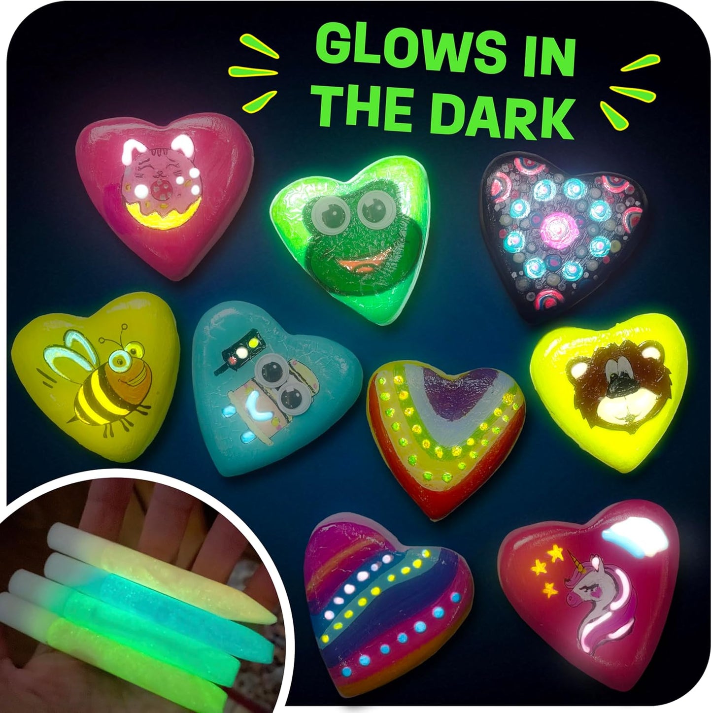 Hearts Rock Painting Kit for Kids Girls - Glow in Dark Art Supplies Ages 4-12 - Complete STEM Craft Set with Puffy Paint Stickers Gems Paints - Educational Birthday Christmas Gifts Art Toys for Girl