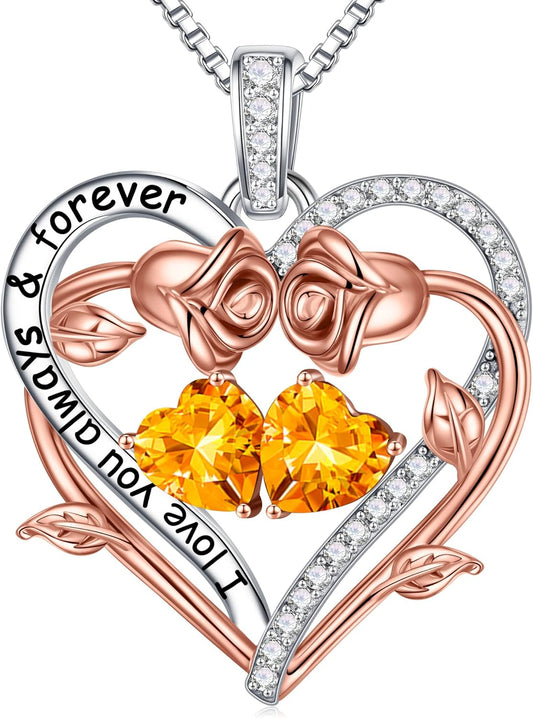 Iefil Rose Heart Double Birthstone Necklace Gifts for Wife Her Mom Women, Birthstone Jewelry Gemstone Birthday Gifts for Girlfriend Grandma Her Wife Women