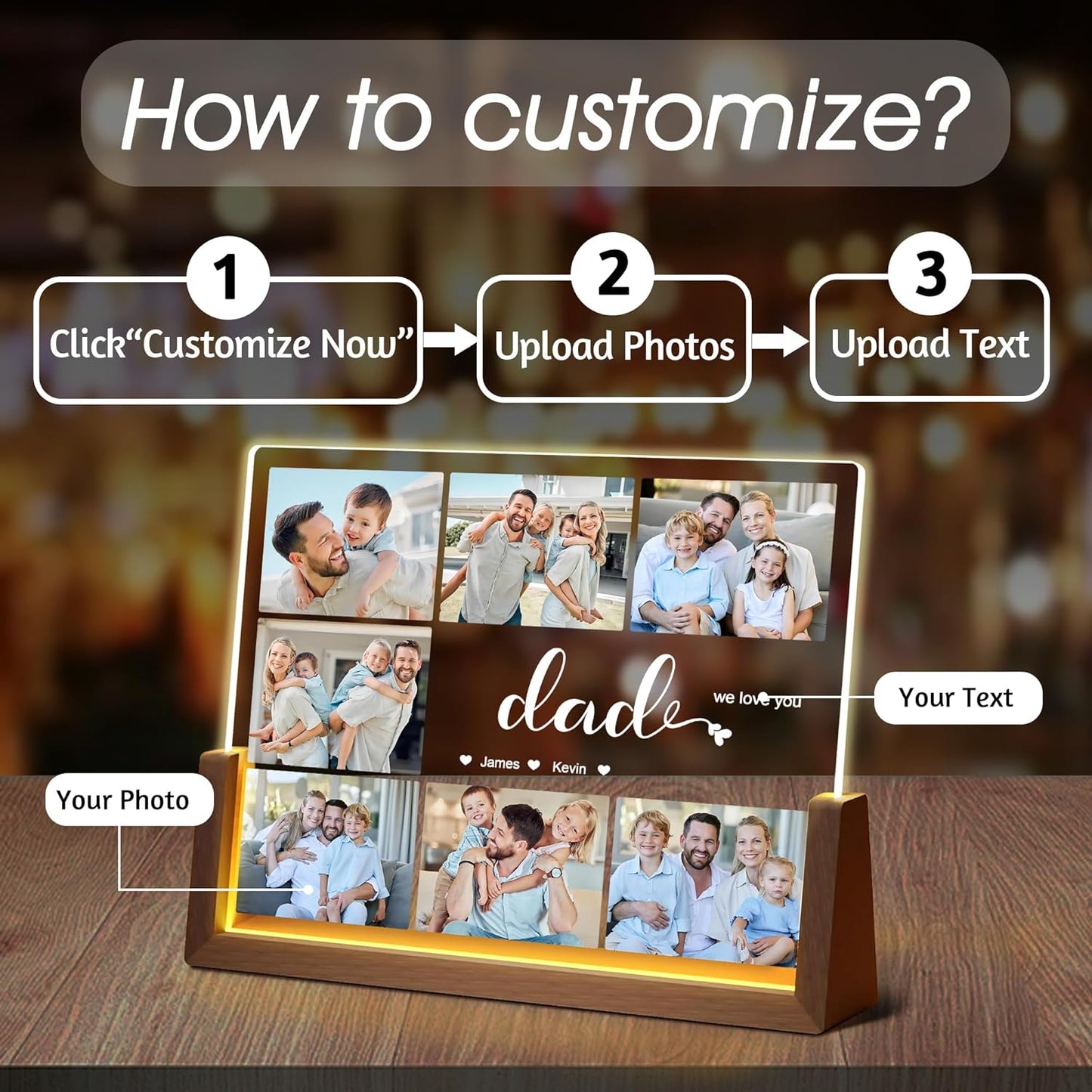Personalized Dad Gifts For Fathers Day, Fathers Day Christmas Gifts From Daughter Son Kids Wife, Custom Acrylic Plaque LED Picture Frame With Photo Name, Customized Gift For Dad Grandpa Husband