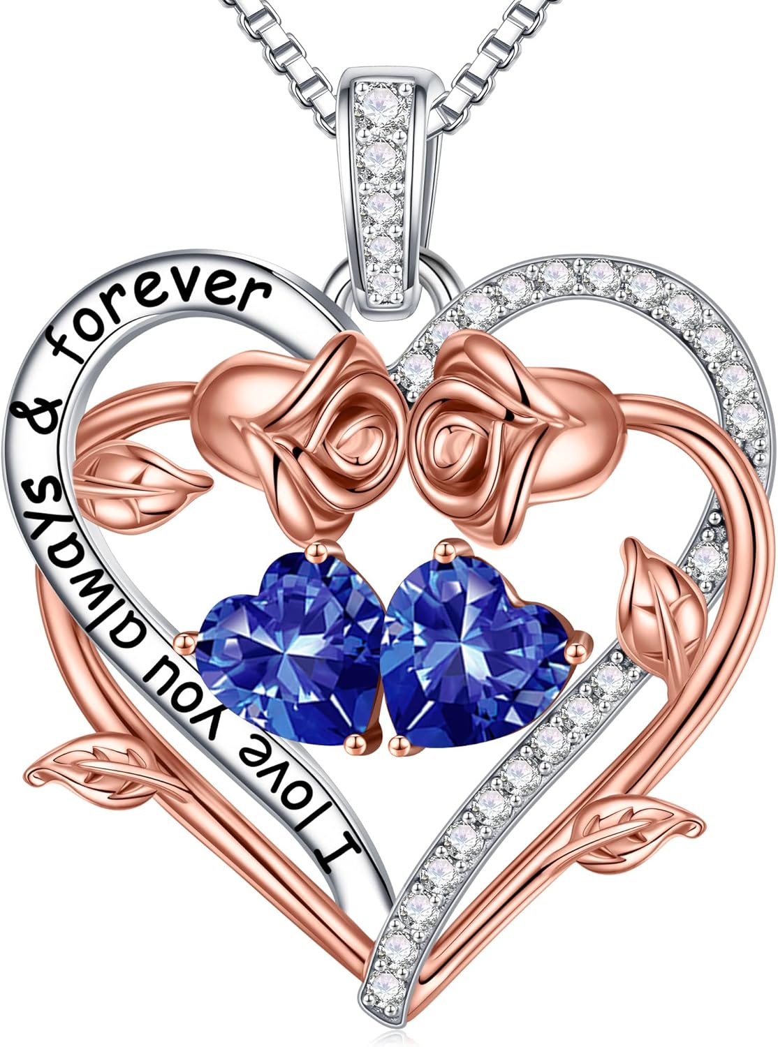 Iefil Rose Heart Double Birthstone Necklace Gifts for Wife Her Mom Women, Birthstone Jewelry Gemstone Birthday Gifts for Girlfriend Grandma Her Wife Women