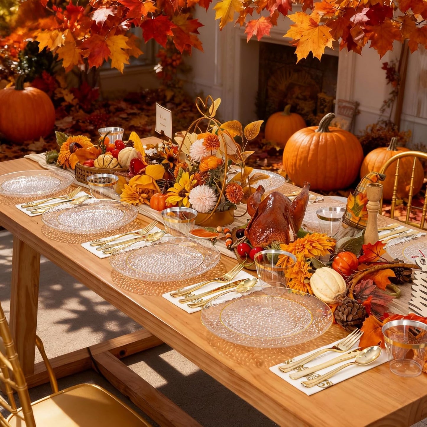 Rubtlamp 175 Pcs Plastic Dinnerware Set (25 Guests), Clear And Gold Plastic Plates, Hammered Party Plates Include Dinner Platos, Dessert Platos, Cups, Gold Cutlery Set And Napkins for Thanksgiving