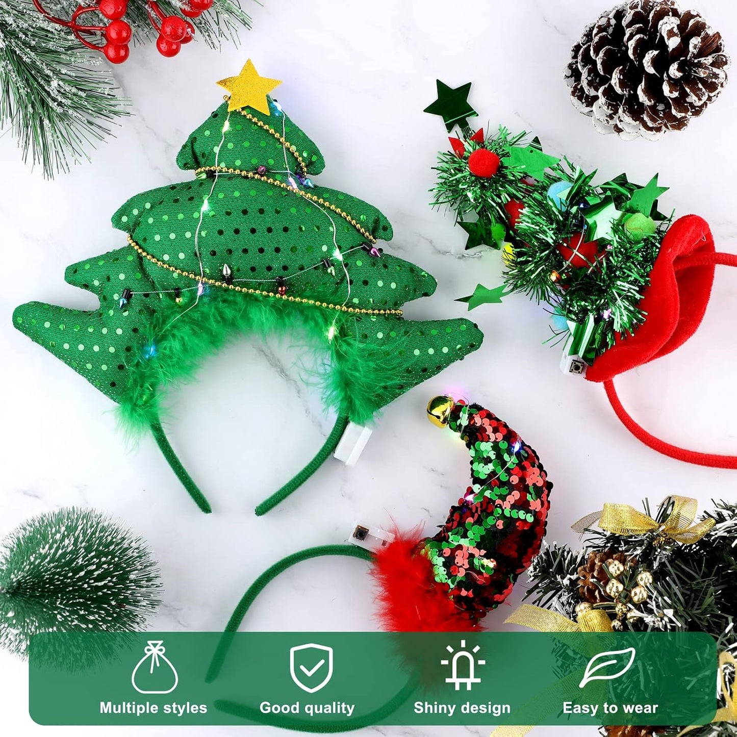 Aneco 6 Pack LED Christmas Headbands Assorted Christmas Tree Candy Canes Elf Hats Headwear Antler Costume Hair Hoop for Christmas Costume Accessory Party Favors