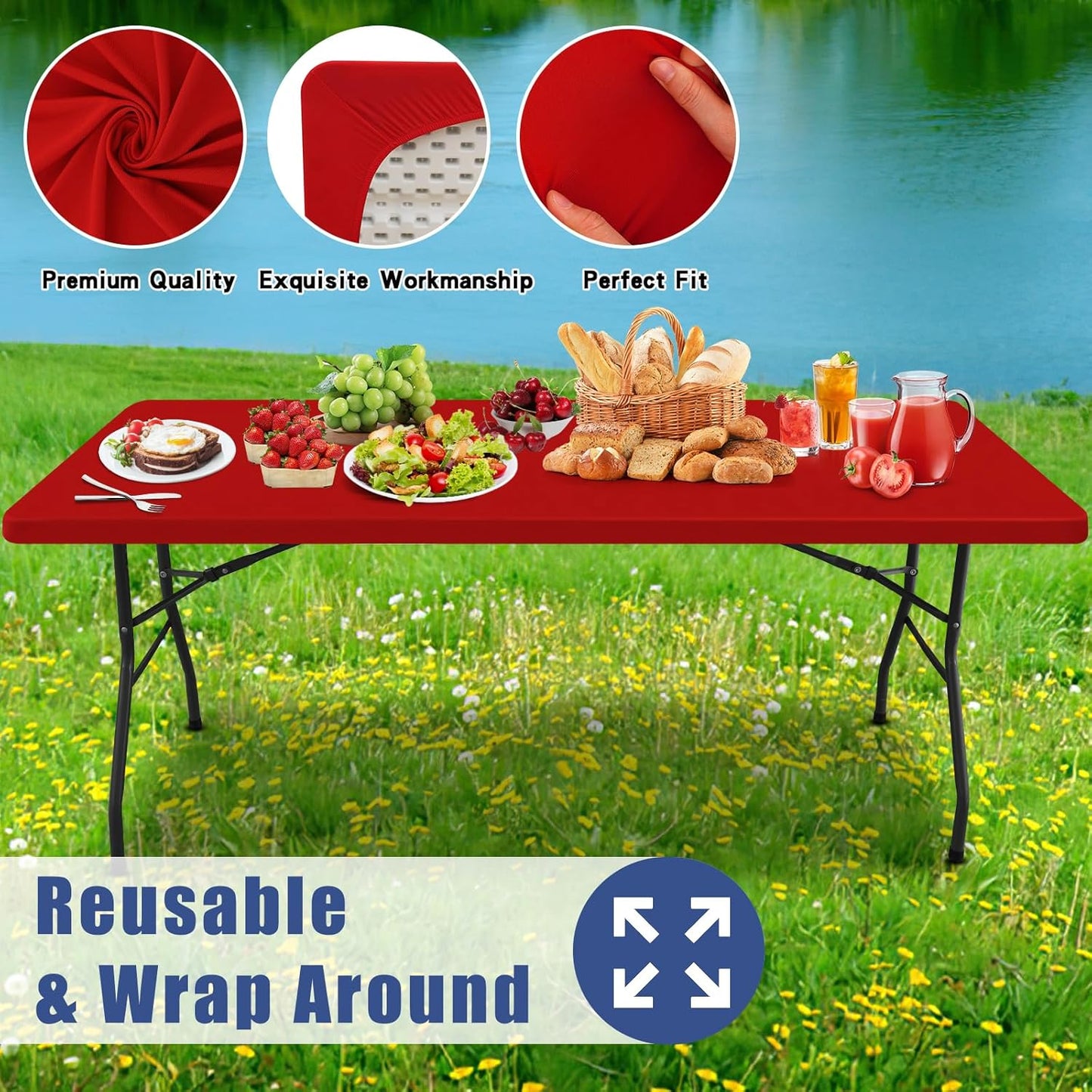 Spandex 8 Foot Rectangle Table Cloth 2 Pack, Elastic Fitted Tablecloths for Picnic, Stretch Washable Patio Table Cover for Outdoor, Camping, Banquet and Parties (Red, 30"x96")