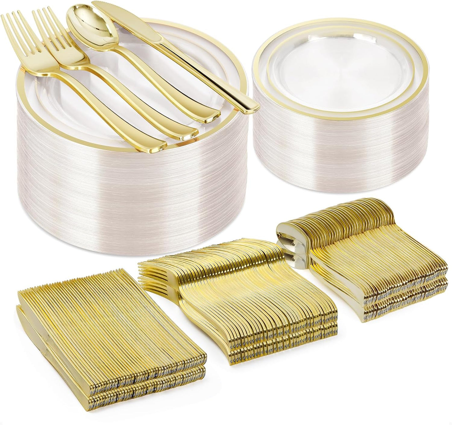 BESTVIP 300PCS Clear Gold Plastic Plate Set (50 Guests), Disposable Dinnerware Set for Party, Wedding, Birthday - 100 Plates, 100 Forks, 50 Spoons, 50 Knives for Christmas, Thanksgiving