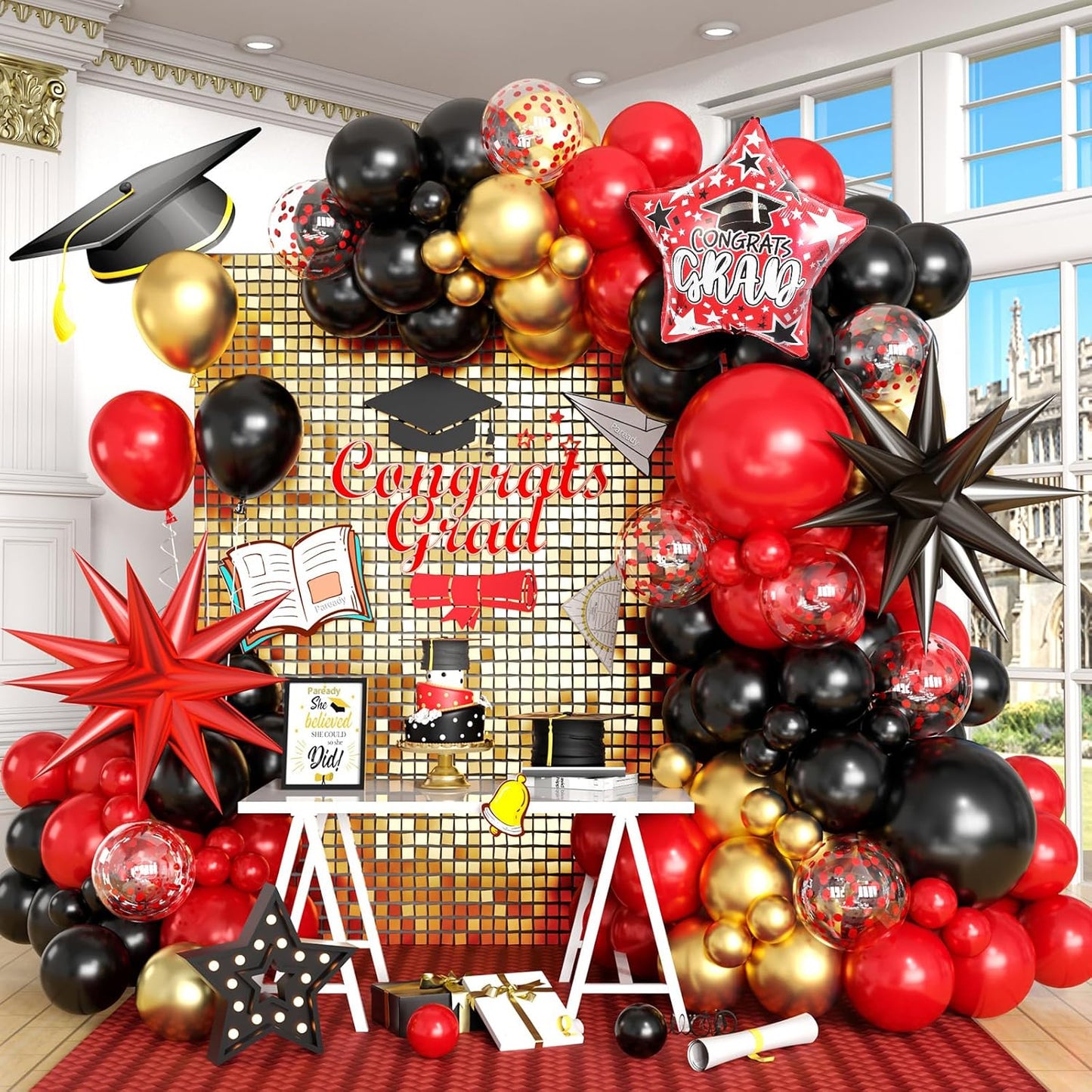 Red Black Gold Balloon Arch Kit with Explosion Star Foil Balloons Black Gold Balloons Red Confetti Graduation Balloon Garland for 2025 Graduation Decoration Birthday Baby Shower Party