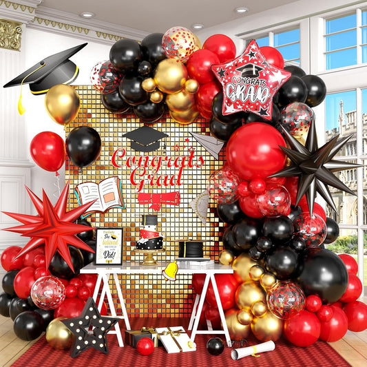 Red Black Gold Balloon Arch Kit with Explosion Star Foil Balloons Black Gold Balloons Red Confetti Graduation Balloon Garland for 2025 Graduation Decoration Birthday Baby Shower Party