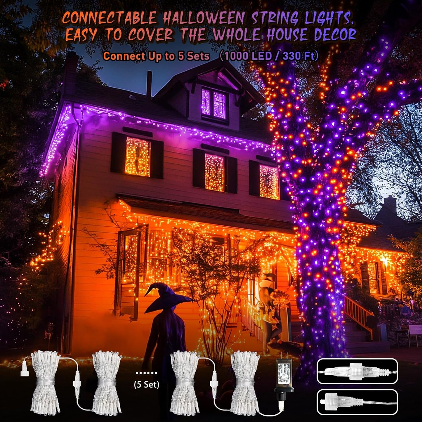 JMEXSUSS Halloween Decoration Lights, 200 LED Orange Purple Halloween Lights Clear Wire, 11 Modes Connectable Halloween String Lights Indoor Outdoor Plug in for Halloween Tree Decorations