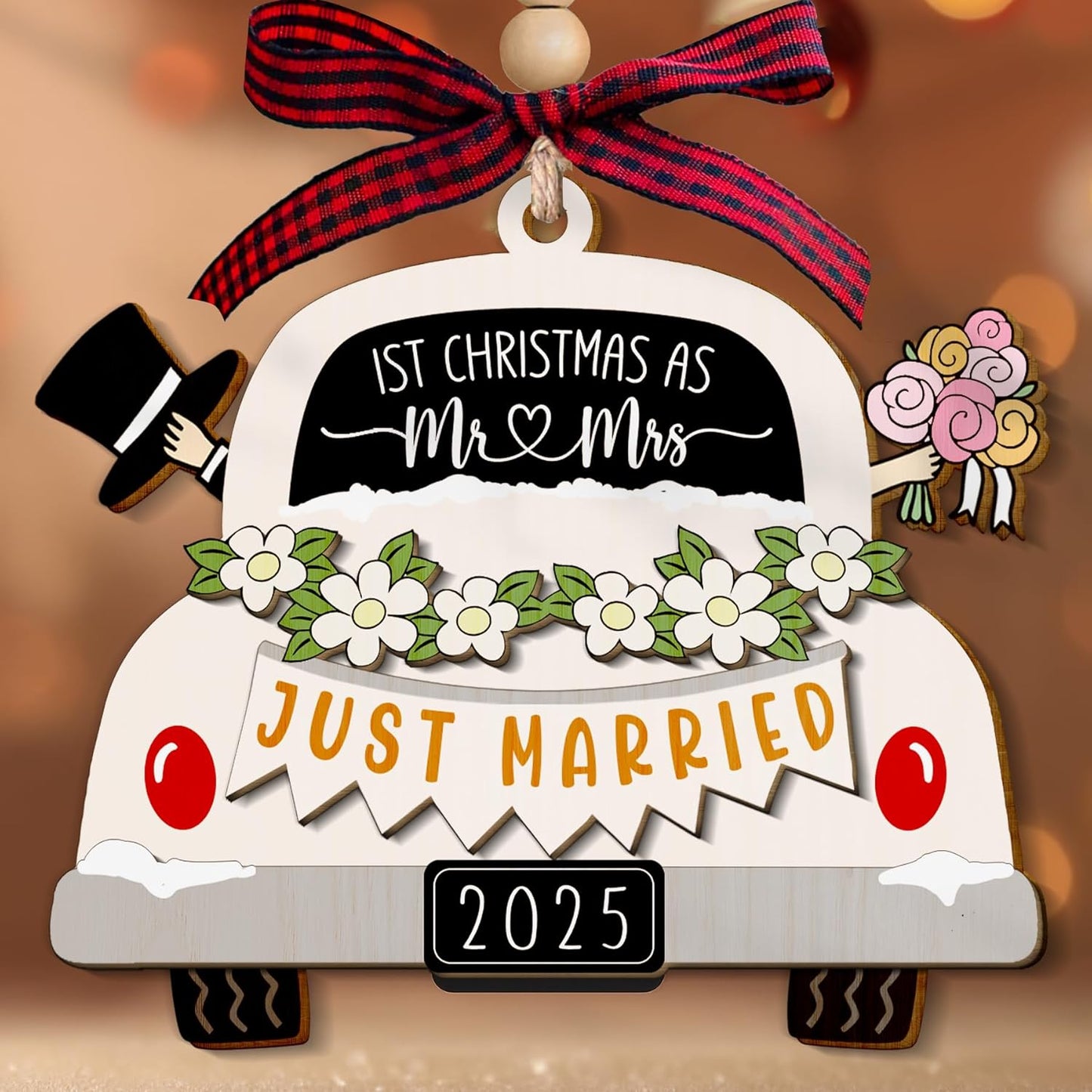 NewEleven Mr and Mrs Gifts - Wedding Gifts for Couples 2025, Just Married, Newlywed Keepsake - Wedding Ornament, Meaningful Gift from Friend, Family - Wooden Christmas Ornament