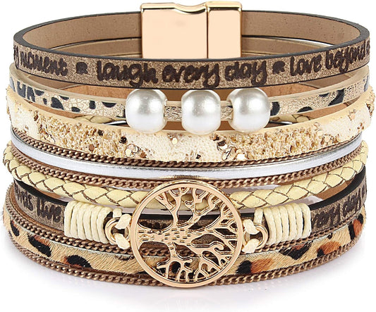 FANCY SHINY Tree of Life Leather Wrap Bracelet Inspirational Cuff Bangles Boho Pearl Bracelets with Magnetic Clasp Unique Jewelry Gifts for Women