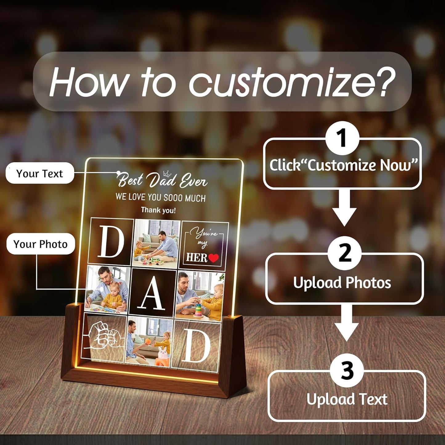 Personalized Dad Gifts For Fathers Day, Custom Fathers Day Birthday Christmas Gifts From Daughter Son Wife Kids, Acrylic Lights Up Picture Frame Plaque With Photo Name, Customized Best Dad Ever Gift