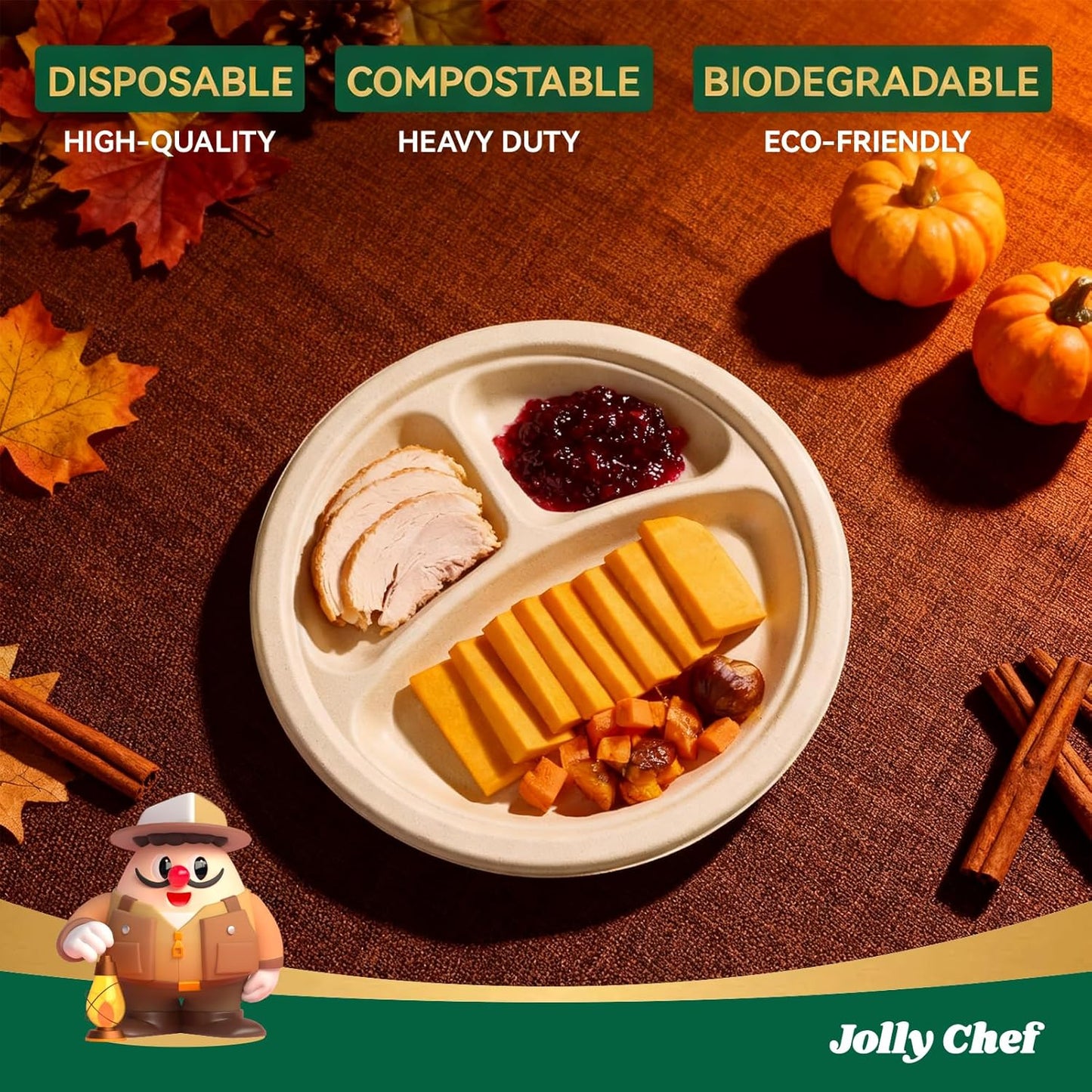 JOLLY CHEF Compostable 𝟯 Compartment Paper Plates 𝟵 𝗜𝗻𝗰𝗵 [𝟭𝟮𝟱 𝗣𝗮𝗰𝗸] Heavy Duty Divided Disposable Eco-Friendly Bagasse Biodegradable Round Trays for Dinner Lunch Thanksgiving Day (Brown)