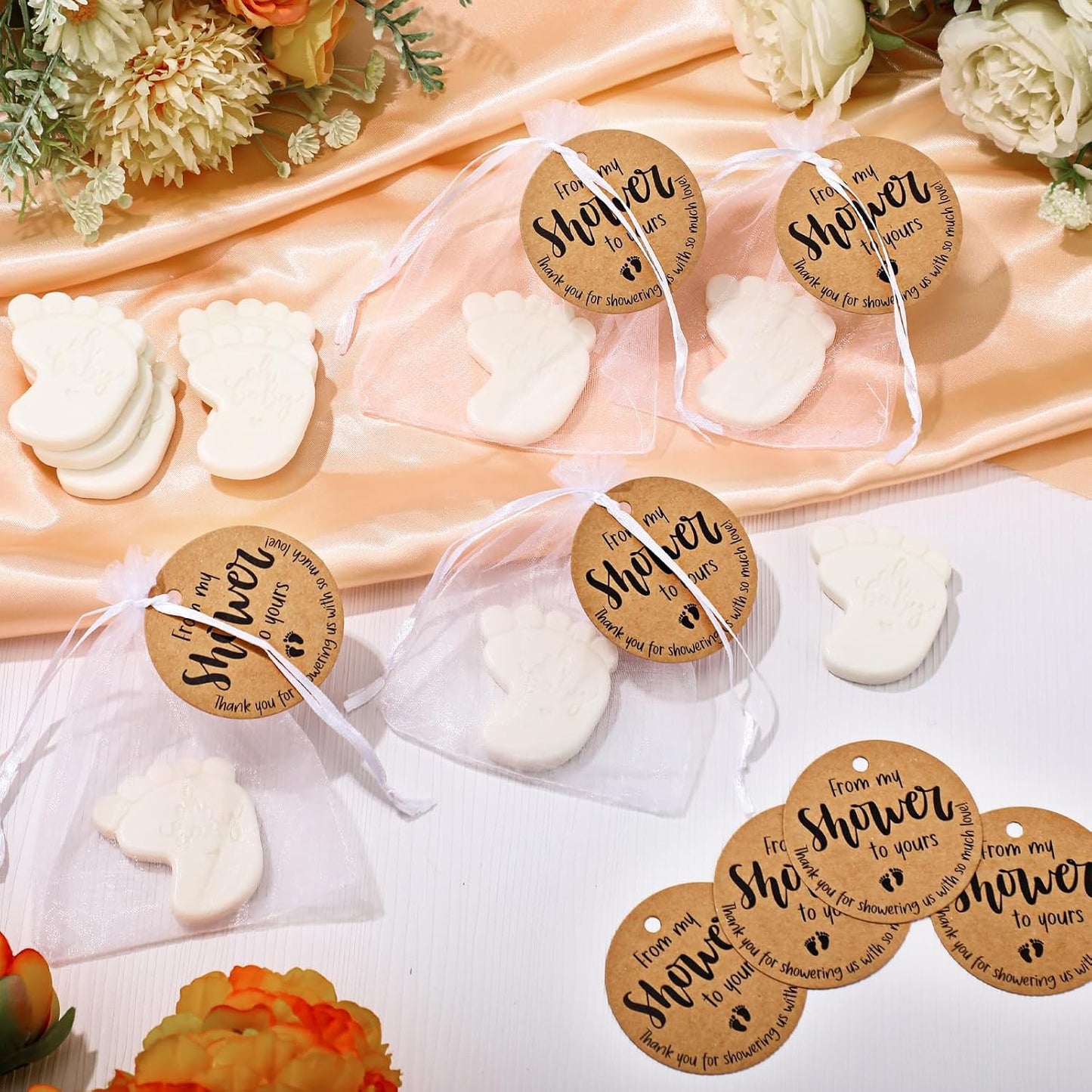 25 Sets Baby Shower Soap Favors for Guests Girl Boy Mini Footprint Handmade Scented Soaps with Thank You Tags and Organza Bags for Shower Gender Reveal Party Favors(White,Baby Feet)