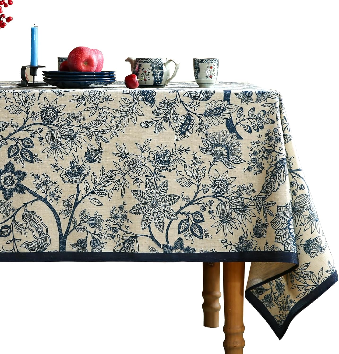 ISAENNE Designer French Linen Extra Long Rectangle Tablecloth,Blue Floral Washable Indoor Table Cloth,Durable Home Decor Tablecloths for Dining Thanksgiving Kitchen Party,67"*118"-Ruyi B
