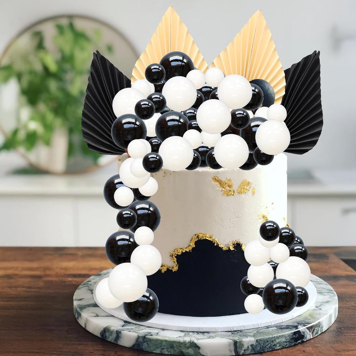 Ephlyn 28Pcs Paper Palm Fan Cake Topper Balls Cake Pick DIY Cake Decorations for Baby Shower Wedding Bridal Shower Birthday Party Supplies White Black
