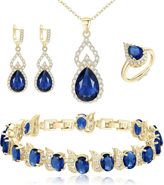 BriLove Wedding Jewelry Set for Women Bride Bridesmaid, Gorgeous Cubic Zirconia Teardrop Necklace Earrings Bracelet Adjustable Ring Jewelry Gift for Birthday/Anniversary/Mother’s Day