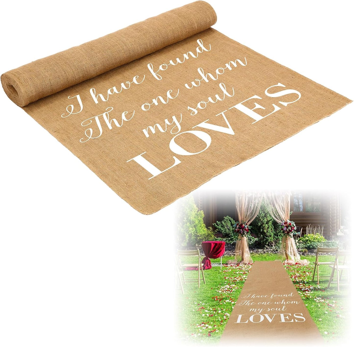 Tudomro 40 Inch x 15 Ft Extra Long Natural Burlap Wedding Aisle Runner Outdoor Jute Burlap Aisle Runner for Wedding Ceremony Rustic Indoor Carpet for Walkway (Love Style)