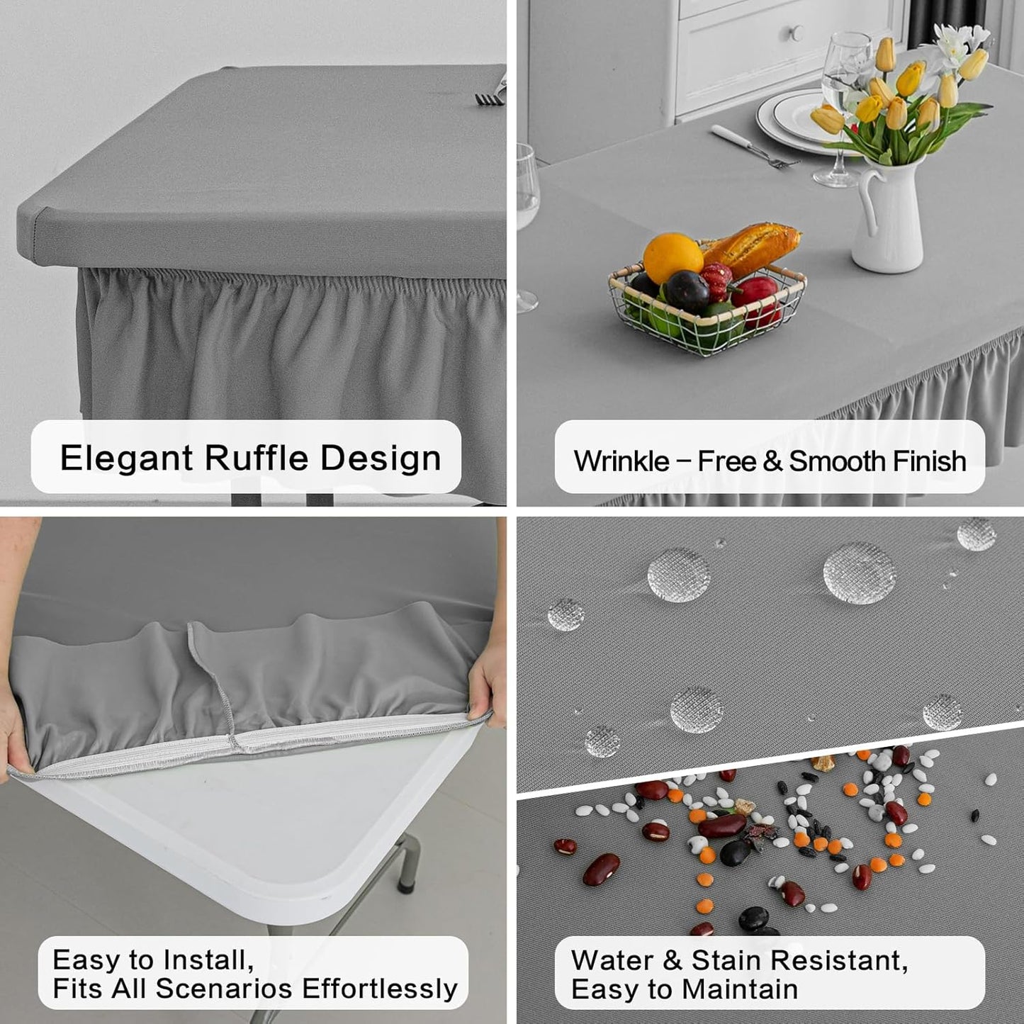 4ft Light Grey Stretch Tablecloth for Rectangular Tables - Flared Wrap Design, Waterproof, Wrinkle-Resistant, Washable - Ideal for Weddings, Parties, Banquets & Table Protection