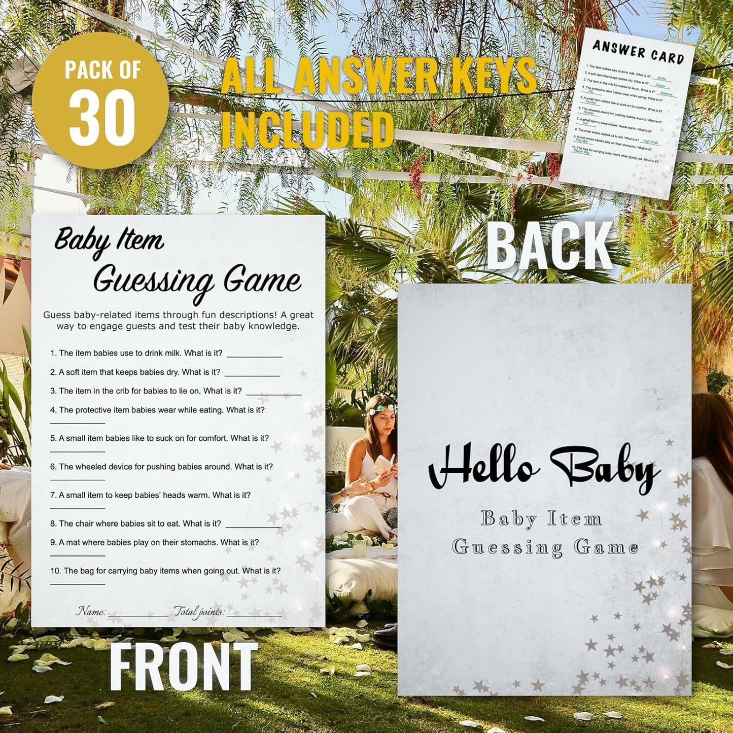 Baby Shower Item Guessing Trivia Game Cards - 30 Players - Light Gray Minimalist Design with Stars, Strips - Ready to Play, Answer Keys Included, 5x7 Inch Family Friend (Items Guessing)