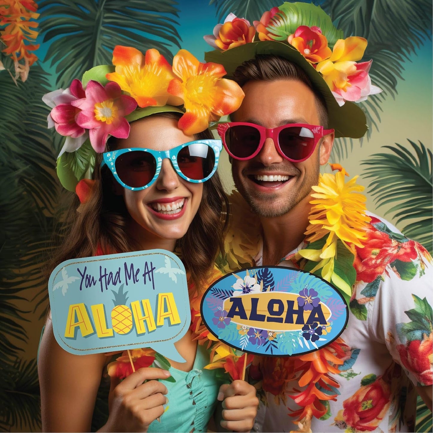 Hawaiian Photo Booth Props - 41-pc Luau Photo Props Kit with 8 x 10-Inch Sign, 60 Glue Dots, 45 Sticks - Vacation Props - Photo Booth Props Summer