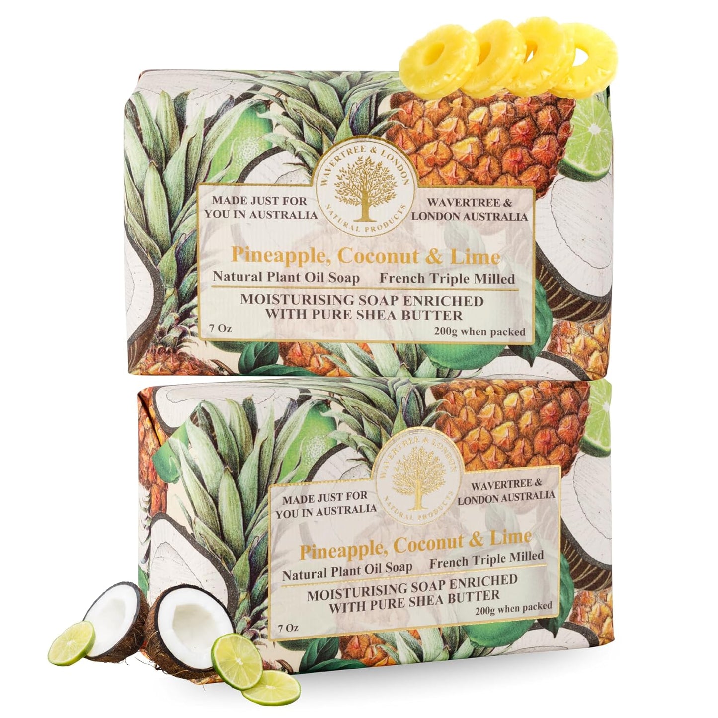 Wavertree & London Pineapple, Coconut & Lime Scented Natural Soap (2 Bars), 7oz Moisturizing French Triple Milled Soap Bars enriched with shea butter - Pure Plant Oil Bath & Body Soap Bars
